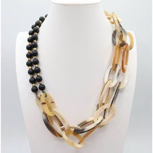 Signed (Okifina?) Boho Chunky Acrylic Chain & Metal Beaded Necklace 23.5" Drop